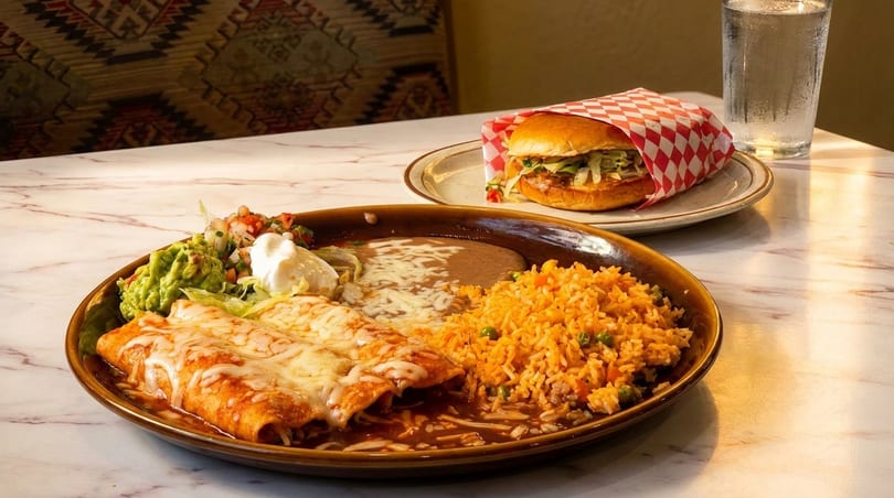 A plate of cheesy enchiladas with rice, beans, guacamole, and pico de gallo, plus a burger.